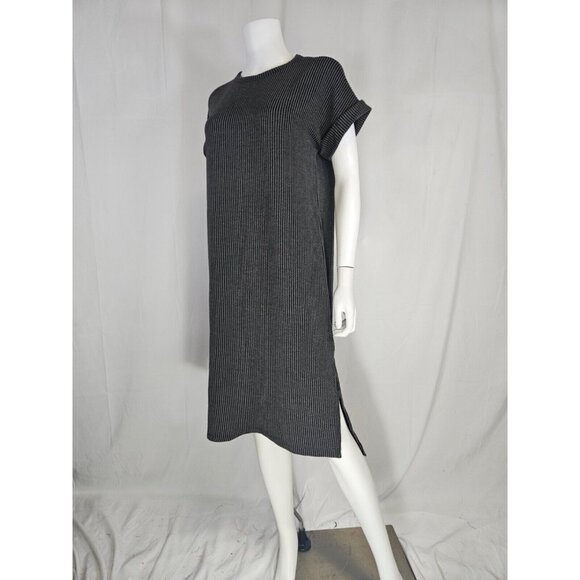 ENTRO Charcoal Ribbed Short Sleeve Round Neck Side Slit Maxi Dress - Picture 2 of 4